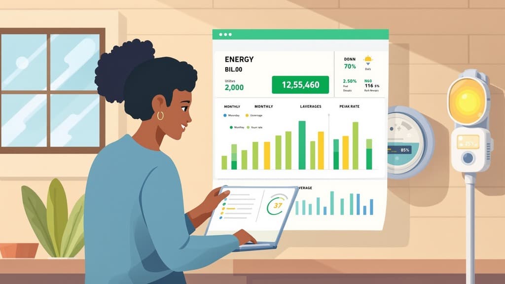 A homeowner reviewing energy usage insights on a tablet, with clear charts showing where savings are possible