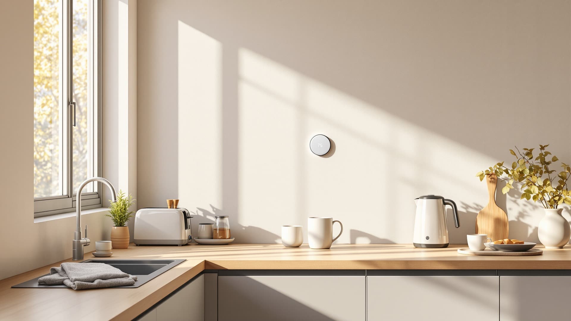 A modern home kitchen bathed in natural light, with a thermostat on the wall — the everyday setting where smarter energy choices begin